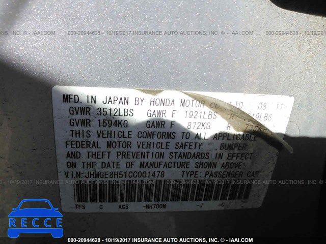 2012 Honda FIT JHMGE8H51CC001478 image 8