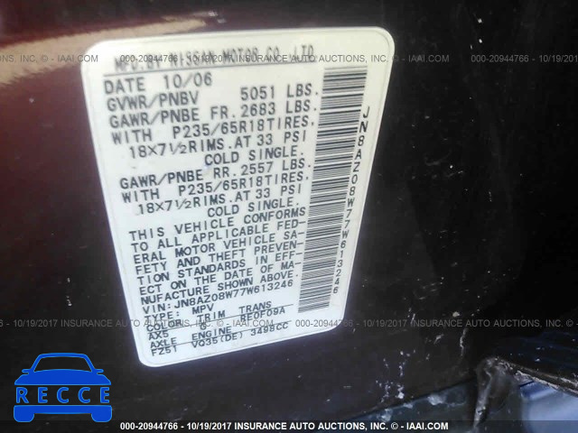 2007 Nissan Murano SL/SE/S JN8AZ08W77W613246 Bild 8