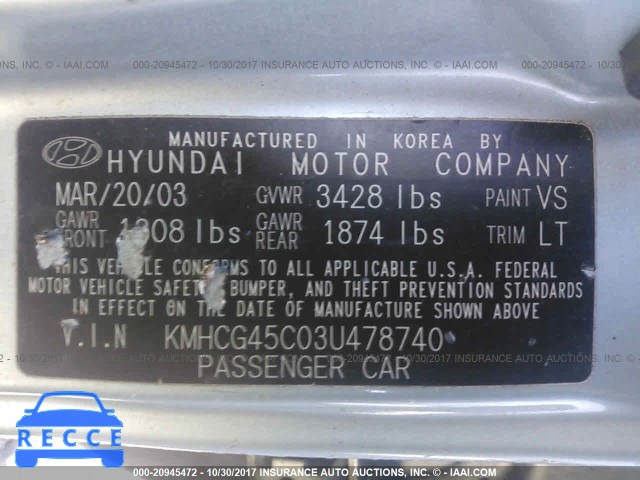 2003 Hyundai Accent GL KMHCG45C03U478740 image 8