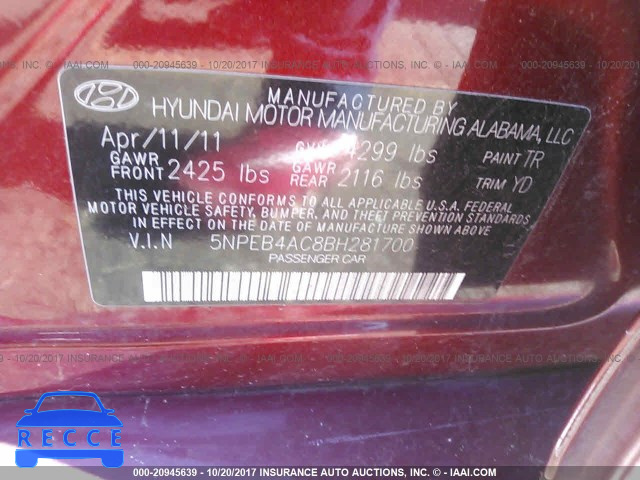 2011 Hyundai Sonata 5NPEB4AC8BH281700 зображення 8