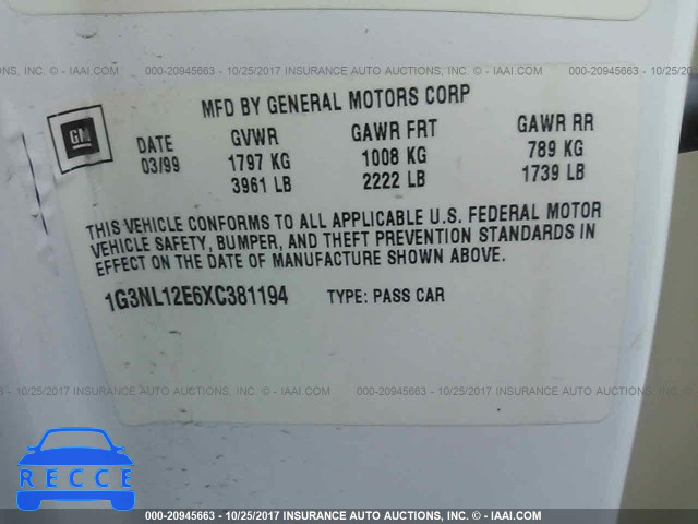 1999 Oldsmobile Alero GL 1G3NL12E6XC381194 image 8