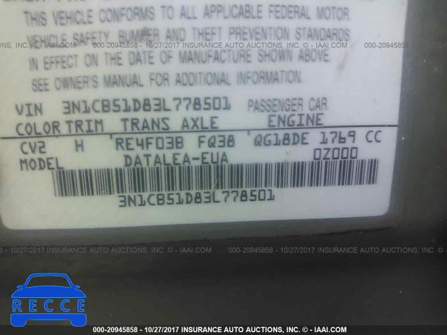 2003 Nissan Sentra 3N1CB51D83L778501 image 8