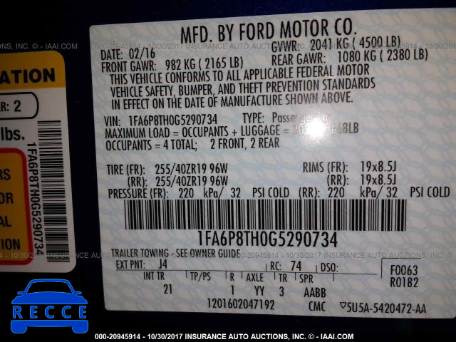 2016 Ford Mustang 1FA6P8TH0G5290734 image 8