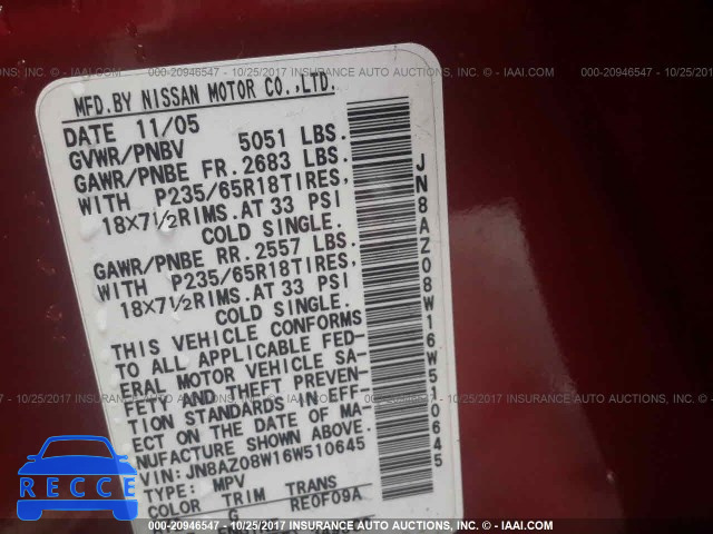 2006 Nissan Murano JN8AZ08W16W510645 image 8