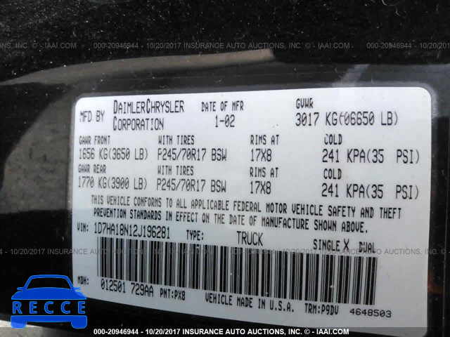 2002 DODGE RAM 1500 1D7HA18N12J196281 image 8