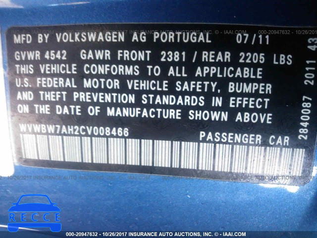 2012 Volkswagen EOS WVWBW7AH2CV008466 зображення 8
