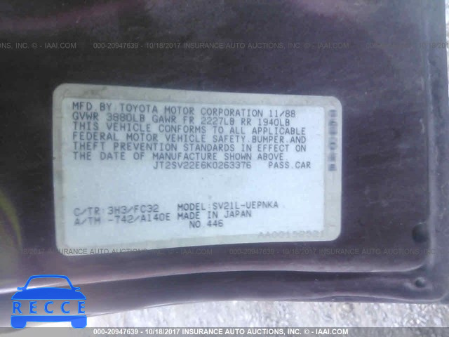 1989 Toyota Camry LE JT2SV22E6K0263376 image 8