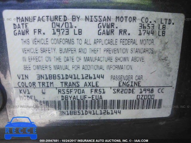 2001 Nissan Sentra 3N1BB51D41L126144 image 8