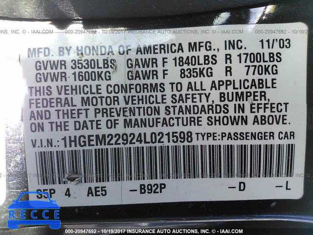 2004 Honda Civic 1HGEM22924L021598 image 8