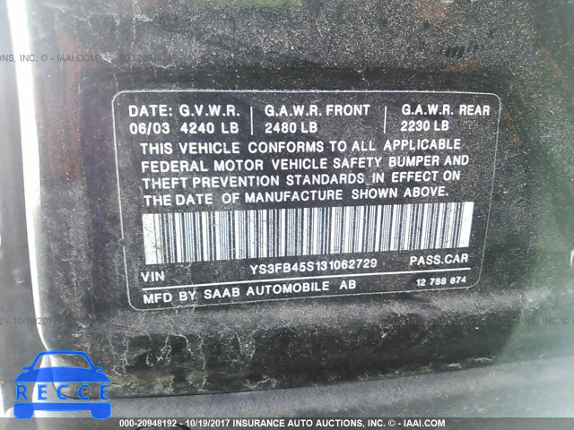 2003 Saab 9-3 LINEAR YS3FB45S131062729 image 8