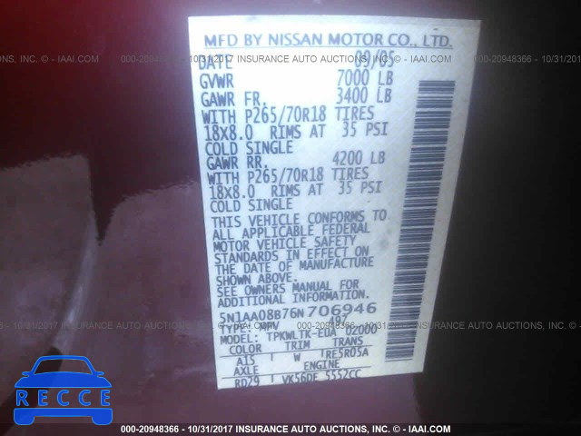 2006 NISSAN ARMADA SE/LE 5N1AA08B76N706946 image 8