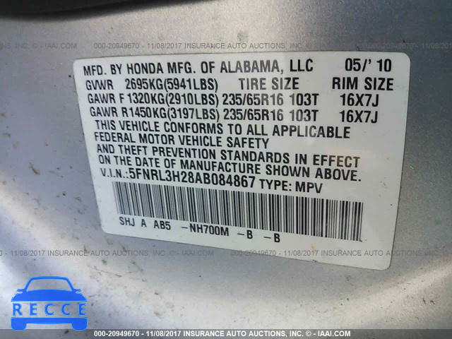 2010 Honda Odyssey LX 5FNRL3H28AB084867 image 8