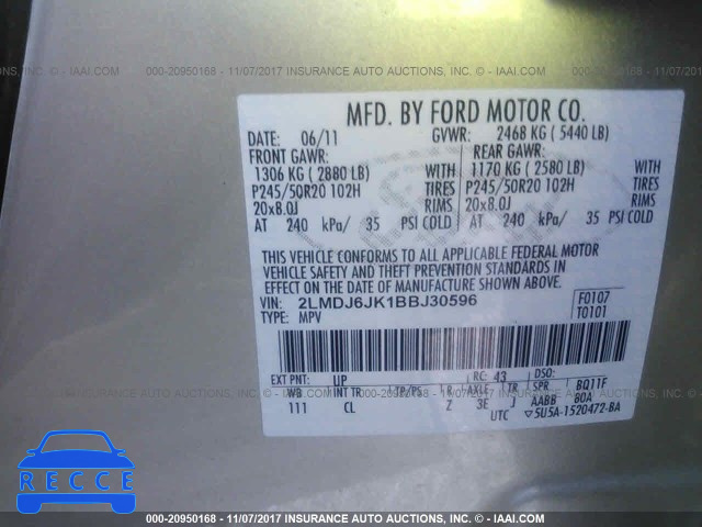2011 Lincoln MKX 2LMDJ6JK1BBJ30596 зображення 8
