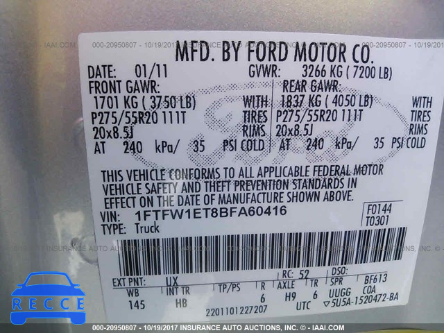 2011 Ford F150 1FTFW1ET8BFA60416 image 8
