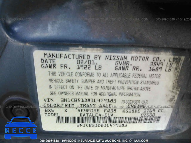 2001 Nissan Sentra XE/GXE 3N1CB51D81L479183 image 8