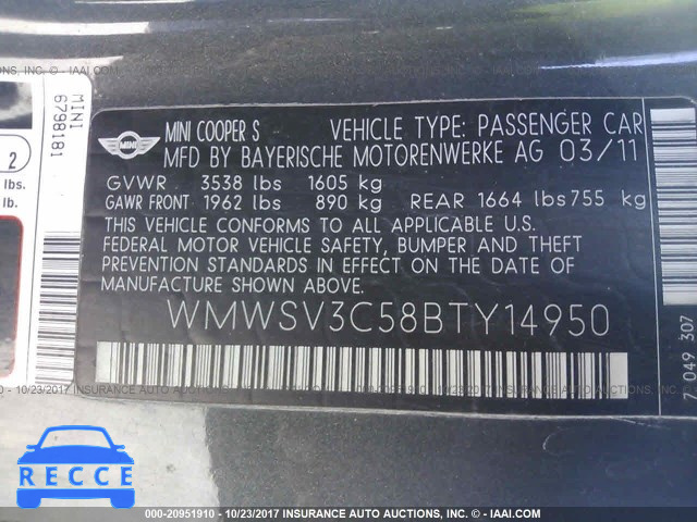 2011 Mini Cooper S WMWSV3C58BTY14950 image 8