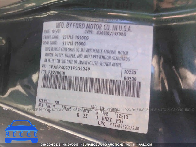 2001 FORD MUSTANG 1FAFP40471F205349 image 8