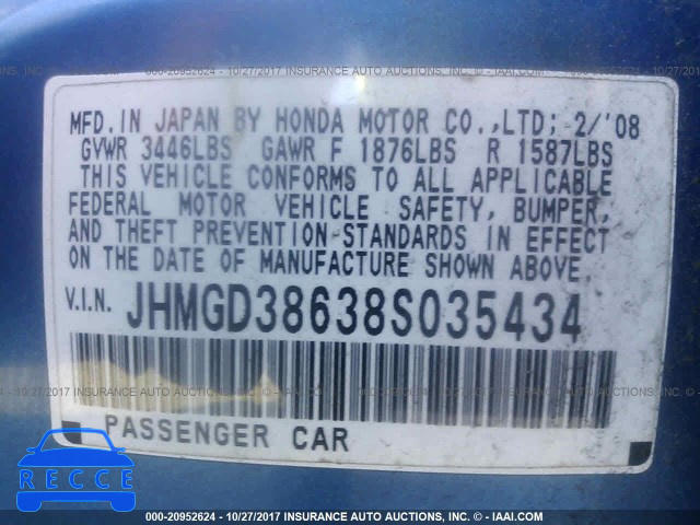 2008 Honda FIT JHMGD38638S035434 image 8