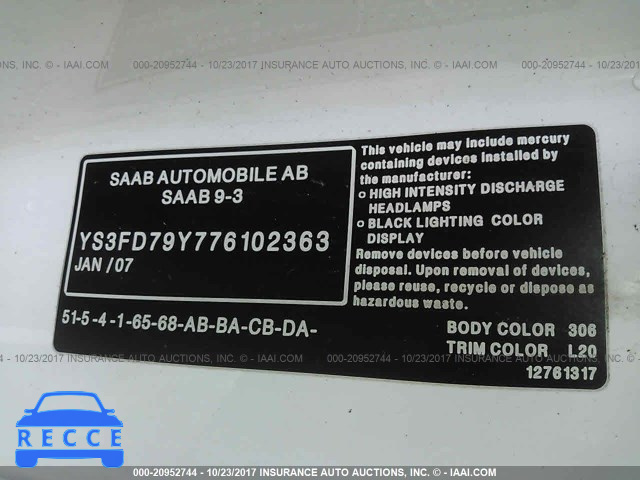 2007 Saab 9-3 2.0T YS3FD79Y776102363 зображення 8