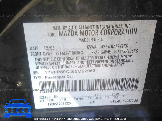 2006 Mazda 6 I 1YVFP80C465M27962 image 8