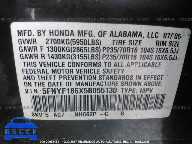 2005 HONDA PILOT 5FNYF186X5B055130 image 8