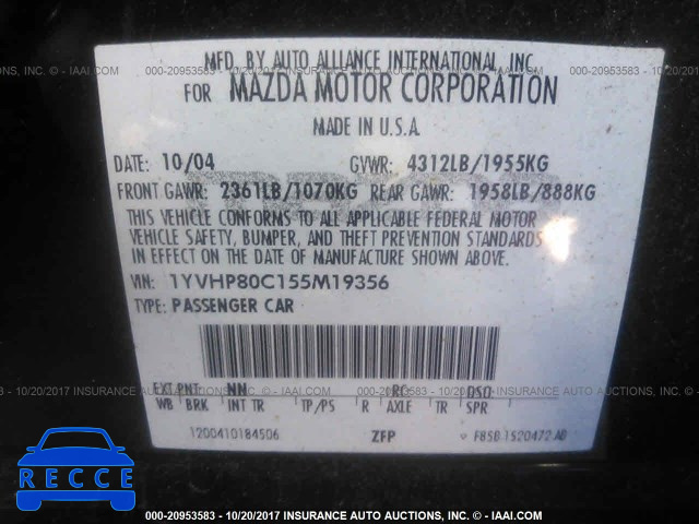 2005 Mazda 6 1YVHP80C155M19356 зображення 8