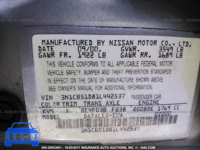 2001 Nissan Sentra XE/GXE 3N1CB51D81L442537 image 8