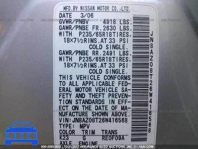 2006 Nissan Murano JN8AZ08T26W416568 image 8