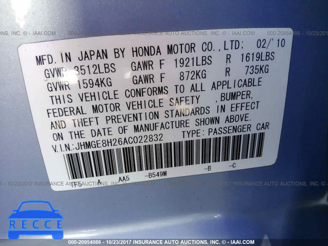 2010 Honda FIT JHMGE8H26AC022832 Bild 8