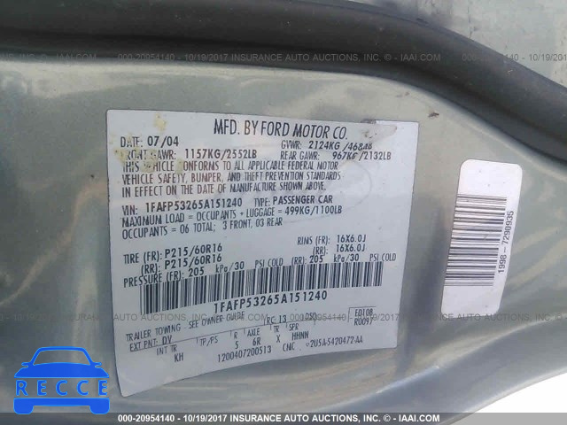 2005 FORD TAURUS 1FAFP53265A151240 Bild 8