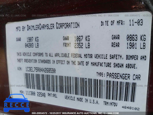 2004 Chrysler Sebring 1C3EL75R04N268590 image 8