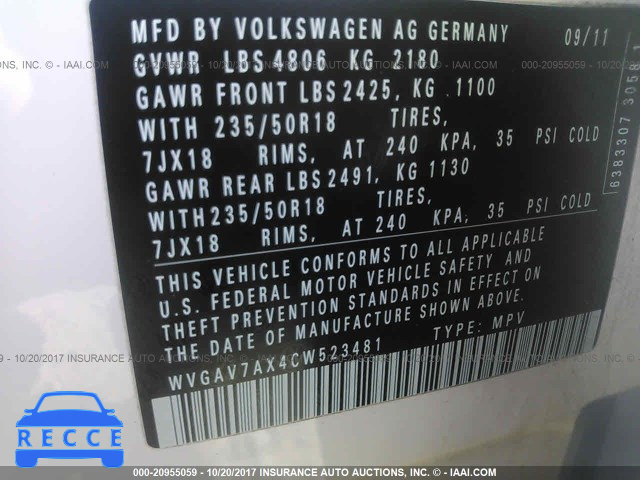 2012 Volkswagen Tiguan WVGAV7AX4CW523481 Bild 8