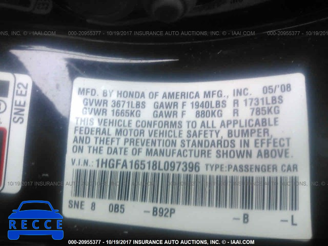 2008 Honda Civic 1HGFA16518L097396 Bild 8