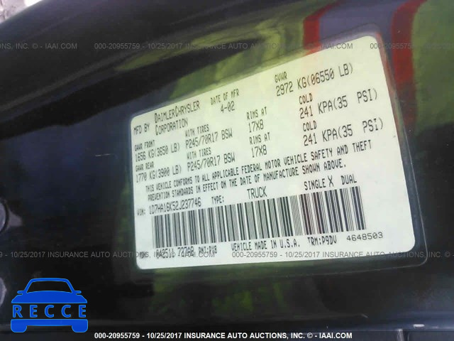 2002 Dodge RAM 1500 1D7HA16K52J237746 image 8