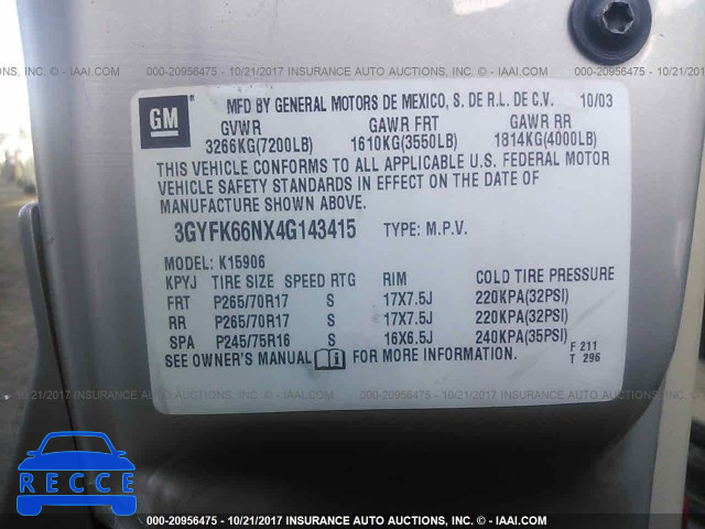 2004 Cadillac Escalade ESV 3GYFK66NX4G143415 image 8