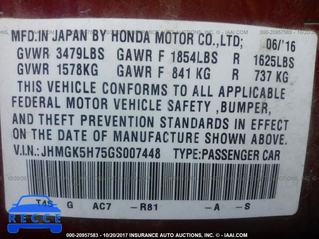 2016 HONDA FIT JHMGK5H75GS007448 image 8