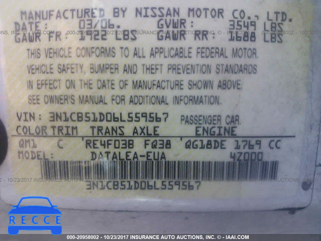 2006 Nissan Sentra 3N1CB51D06L559567 зображення 8