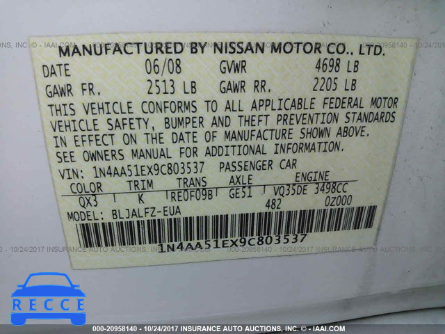 2009 Nissan Maxima S/SV 1N4AA51EX9C803537 image 8