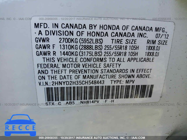 2012 Acura MDX TECHNOLOGY 2HNYD2H35CH548443 Bild 8