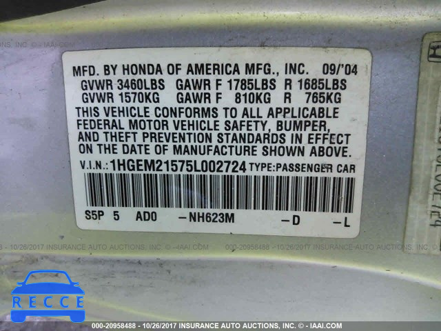 2005 Honda Civic 1HGEM21575L002724 image 8