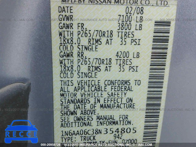 2008 NISSAN TITAN XE/SE/LE/PRO-4X 1N6AA06C38N354805 image 8