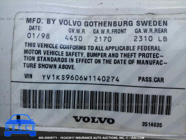 1998 Volvo S90 YV1KS9606W1140274 image 8