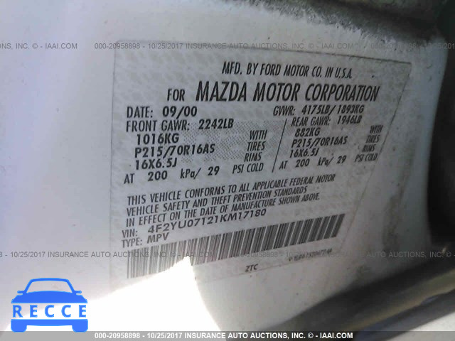 2001 Mazda Tribute 4F2YU07121KM17180 image 8