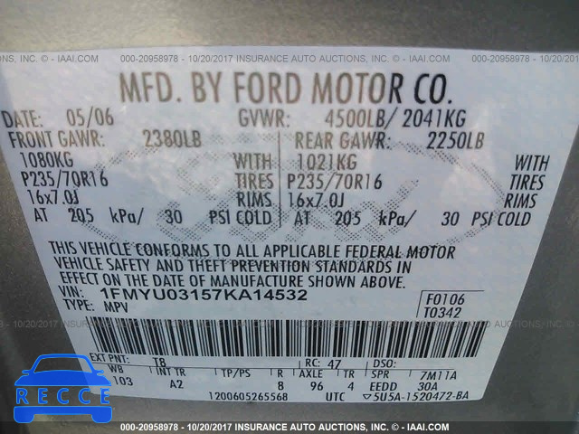 2007 Ford Escape 1FMYU03157KA14532 image 8