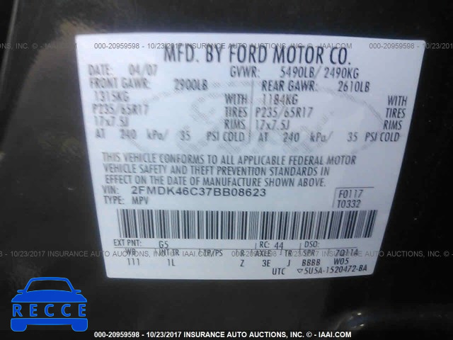 2007 Ford Edge 2FMDK46C37BB08623 зображення 8