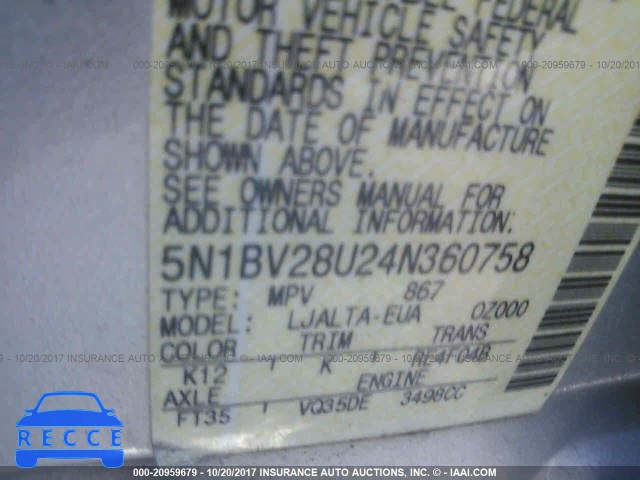 2004 Nissan Quest 5N1BV28U24N360758 image 8