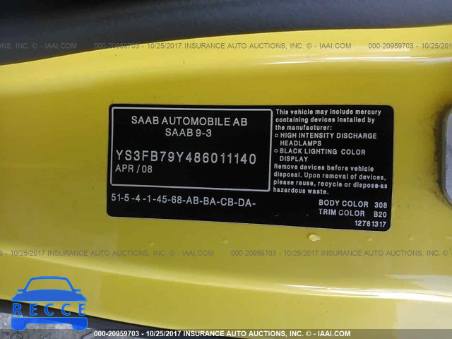 2008 Saab 9-3 2.0T YS3FB79Y486011140 зображення 8