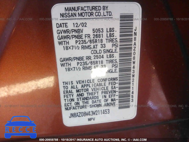 2003 Nissan Murano JN8AZ08W43W211453 image 8