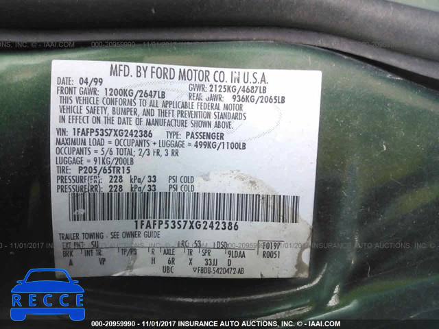 1999 Ford Taurus LX 1FAFP52U3XA117407 image 8