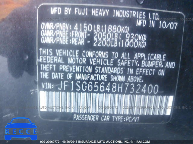 2008 Subaru Forester 2.5X PREMIUM JF1SG65648H732400 зображення 8